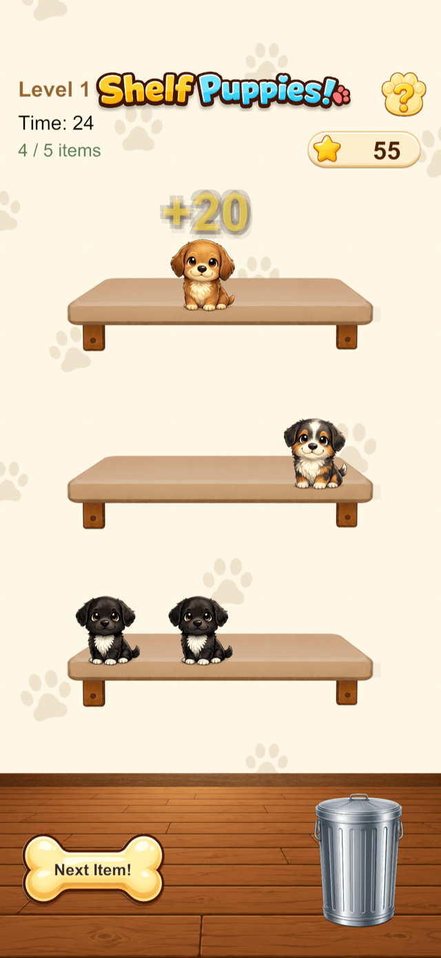 Screenshot of Shelf Puppies gameplay